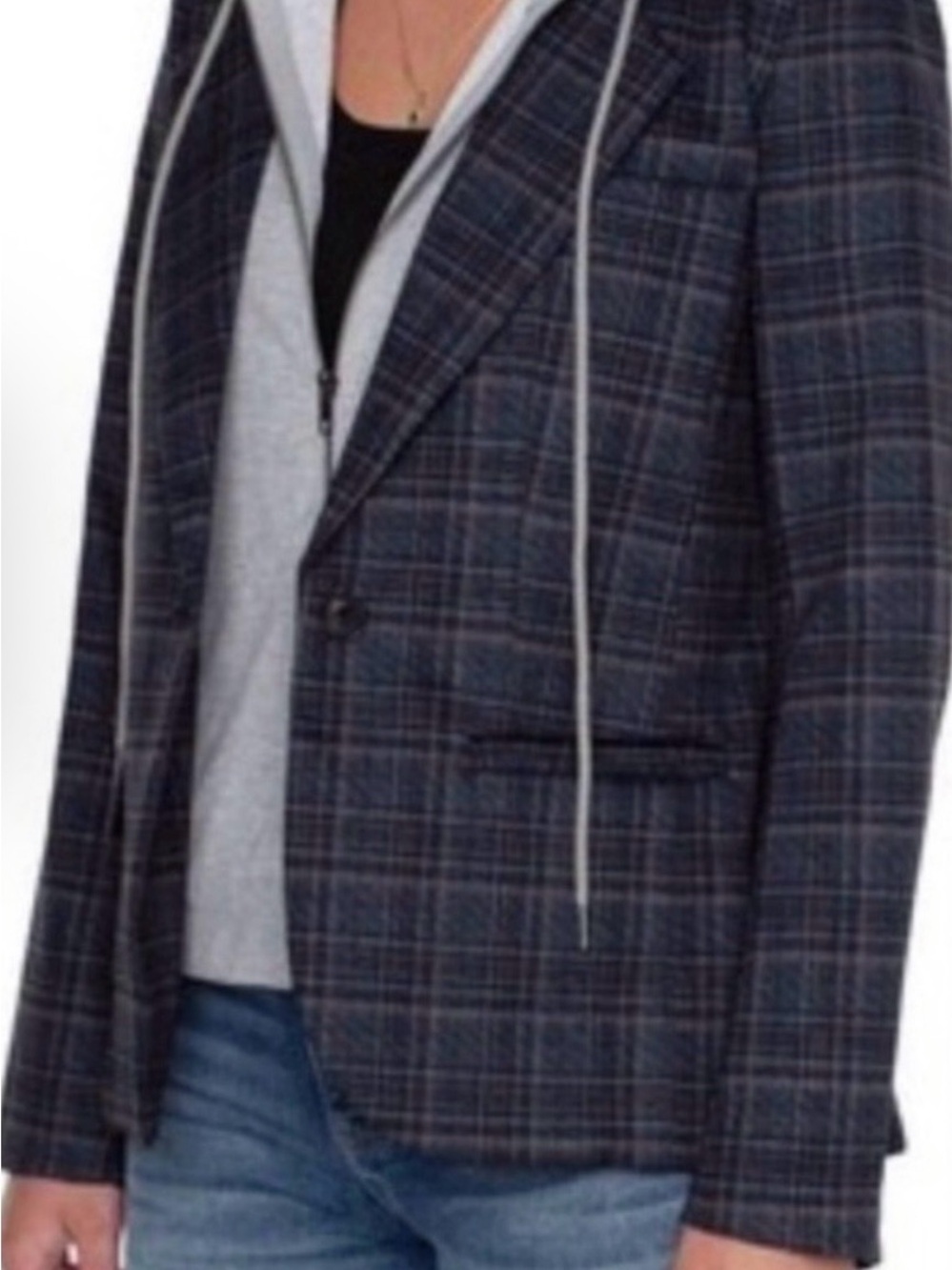 Liverpool Los Angeles Navy Plaid blazer with detachable gray hoodie